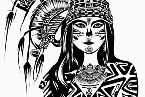 aztec woman with skull hat, gently pulling her lower lip with one finger tattoo idea