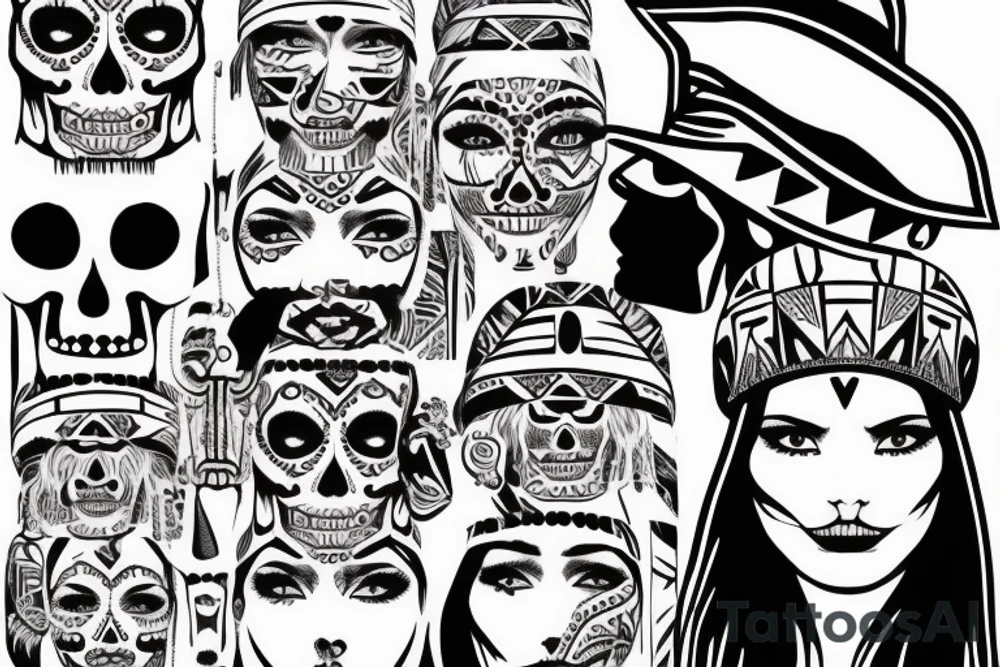 aztec woman with skull hat, gently pulling her lower lip with one finger tattoo idea