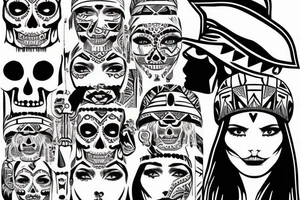 aztec woman with skull hat, gently pulling her lower lip with one finger tattoo idea