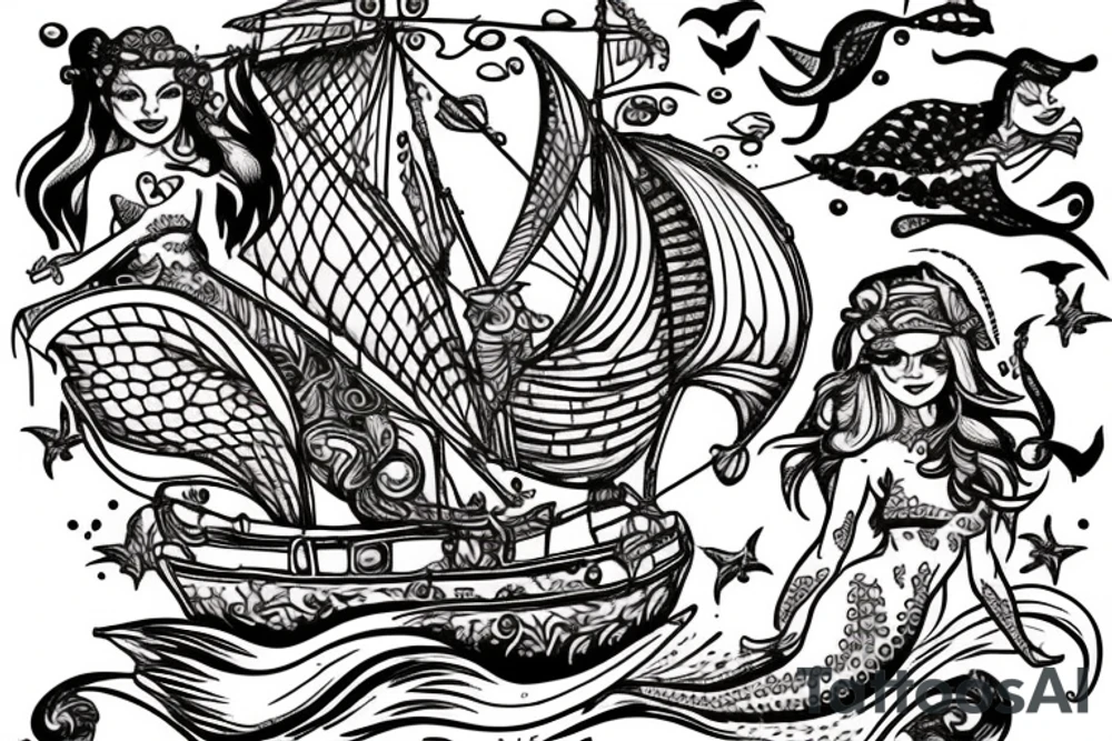 Pirate ship with mermaids and an owl tattoo idea