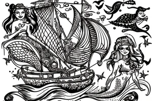 Pirate ship with mermaids and an owl tattoo idea
