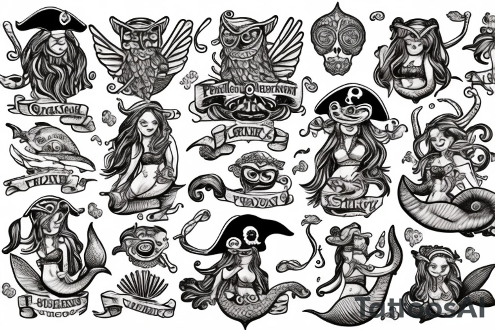Pirate ship with mermaids and an owl tattoo idea