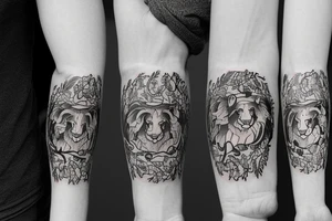 Create a family crest tattoo featuring a lion, olive tree, and sun to symbolize strength, unity, and vitality, blending Italian and Persian heritage. tattoo idea
