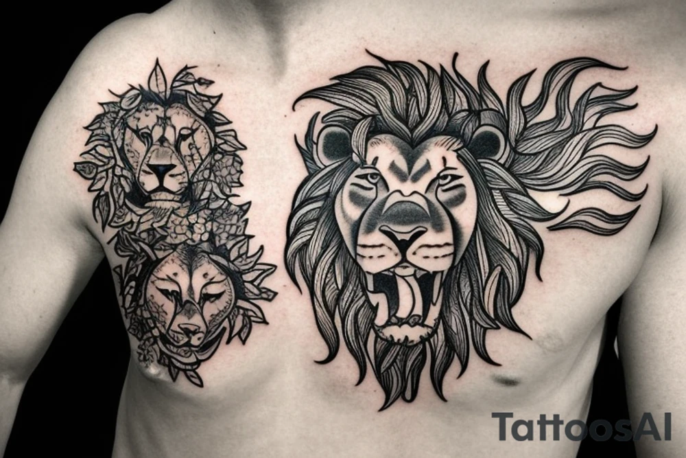Create a family crest tattoo featuring a lion, olive tree, and sun to symbolize strength, unity, and vitality, blending Italian and Persian heritage. tattoo idea