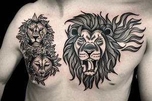 Create a family crest tattoo featuring a lion, olive tree, and sun to symbolize strength, unity, and vitality, blending Italian and Persian heritage. tattoo idea