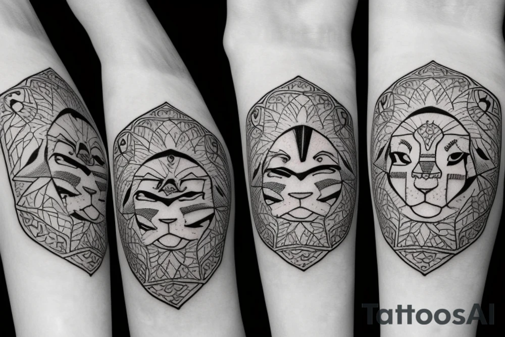 Create a minimalist single line tattoo family crest tattoo featuring a lion, olive tree, and sun to symbolize strength, unity, and vitality, blending Italian and Persian heritage. tattoo idea