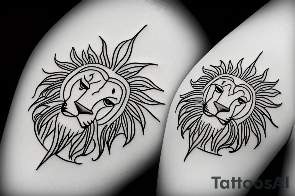 Create a minimalist single line tattoo family crest tattoo featuring a lion, olive tree, and sun to symbolize strength, unity, and vitality, blending Italian and Persian heritage. tattoo idea