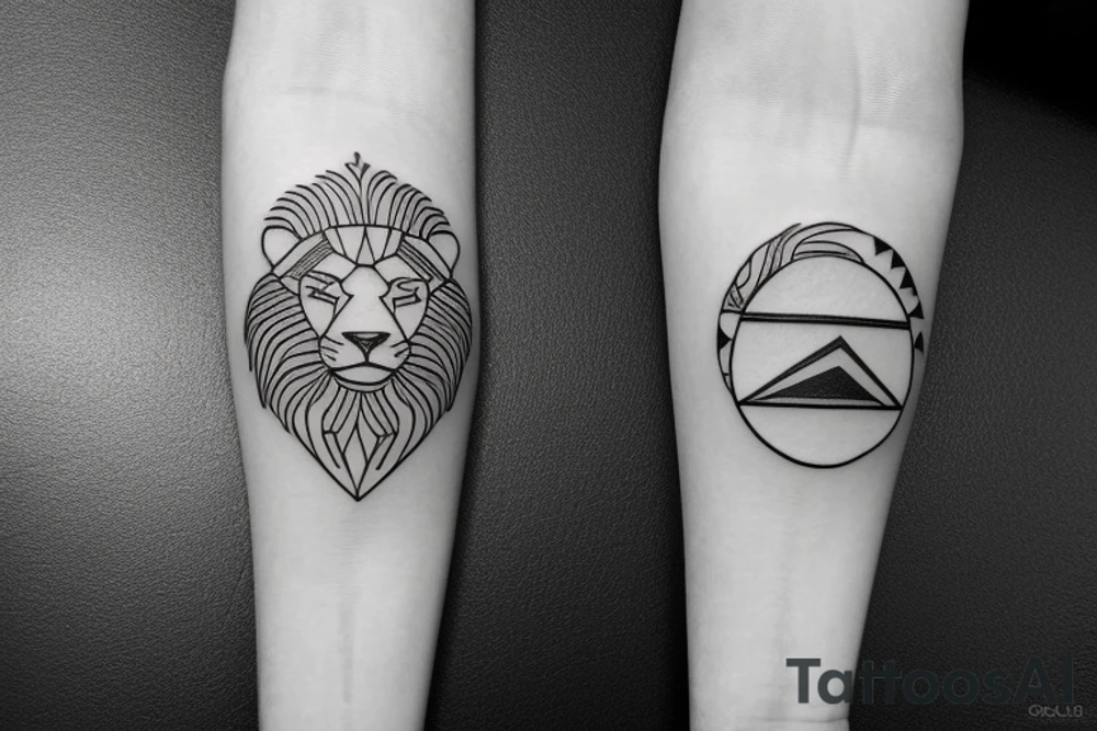 Create a minimalist single line tattoo family crest featuring a lion, olive tree, and sun tattoo idea