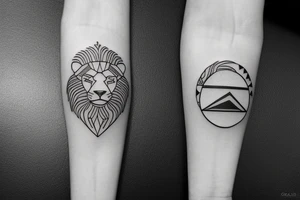 Create a minimalist single line tattoo family crest featuring a lion, olive tree, and sun tattoo idea