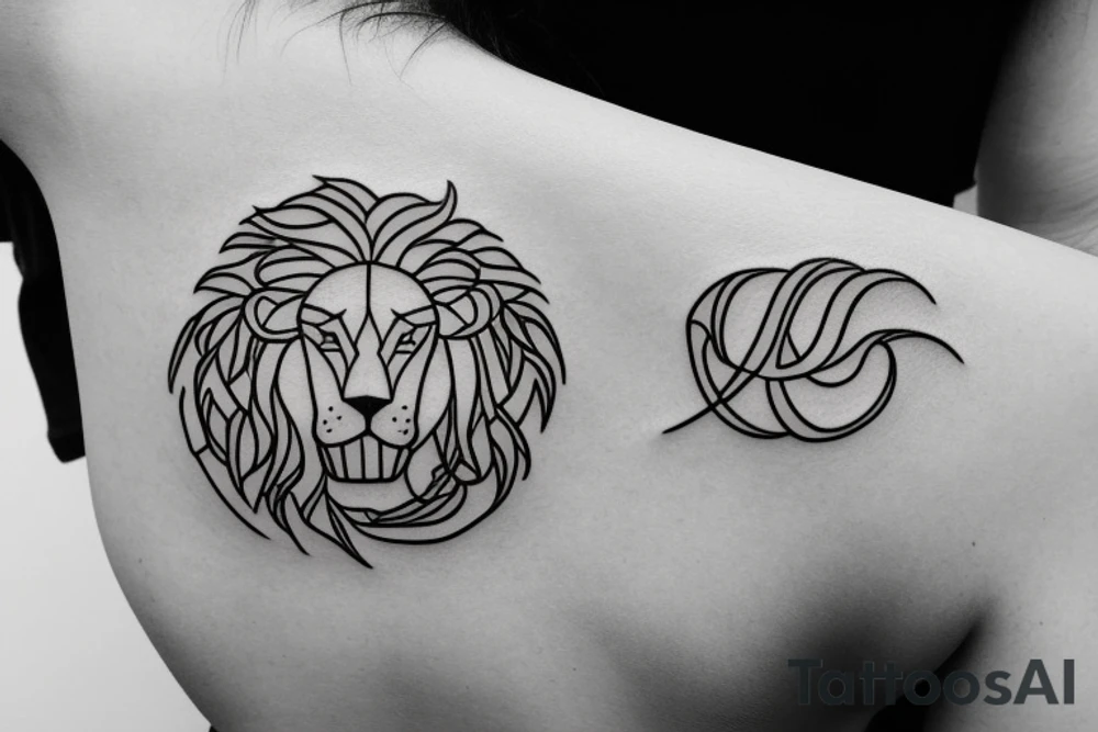 Create a minimalist single line tattoo family crest featuring a lion, olive tree, and sun tattoo idea