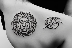 Create a minimalist single line tattoo family crest featuring a lion, olive tree, and sun tattoo idea