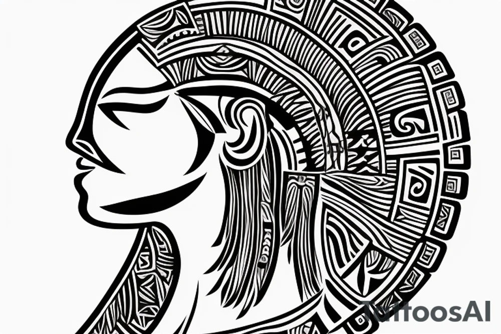 Side profile of a Native Taino woman facing the horizon with her head up and eyes closed. The Puerto Rican sun “sol” in the sky. tattoo idea