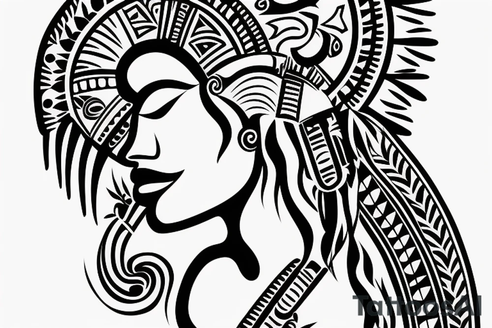 Side profile of a Native Taino woman facing the horizon with her head up and eyes closed. The Puerto Rican sun “sol” in the sky. tattoo idea