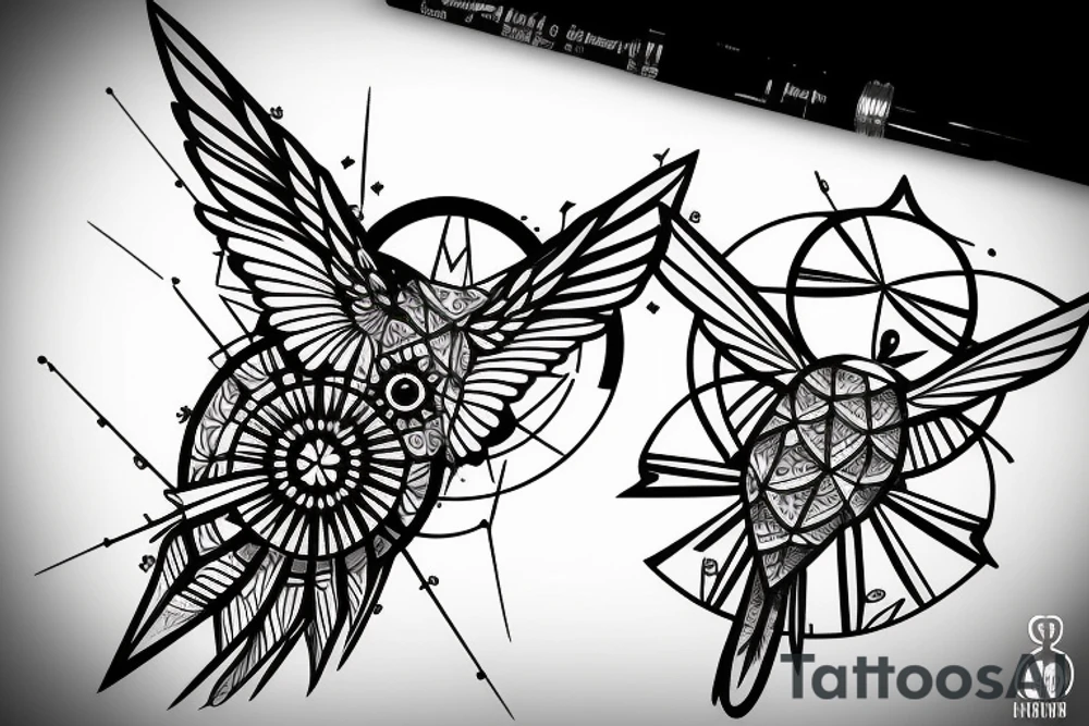 Hummingbird mixed with compass and random geometric figures for forearm tattoo idea