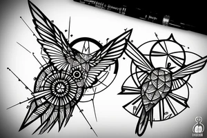 Hummingbird mixed with compass and random geometric figures for forearm tattoo idea