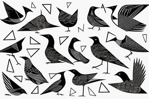 birds facing forward mixed with geometric figures and lines tattoo idea