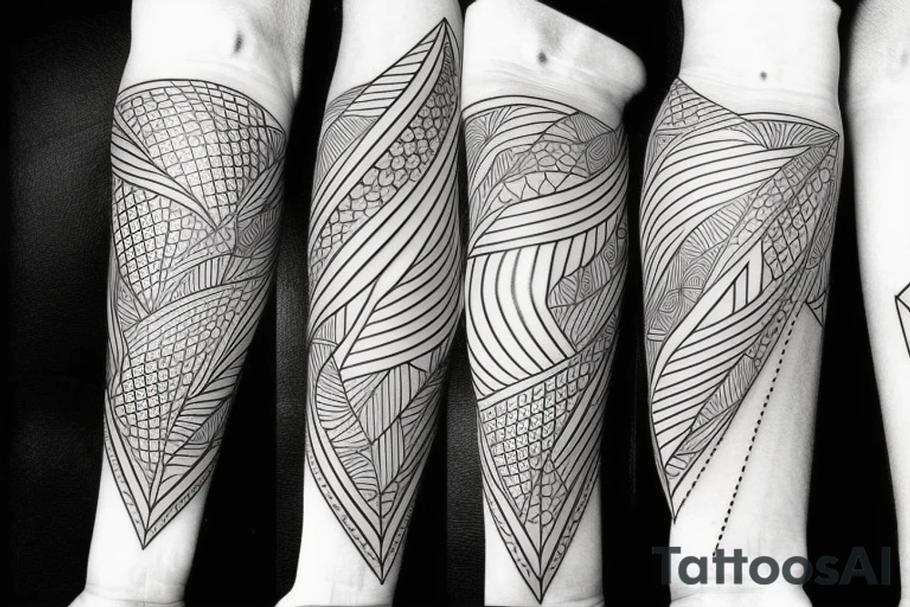 birds facing forward mixed with geometric figures and lines for forearm tattoo idea