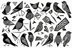 birds facing forward mixed with geometric figures and lines for forearm tattoo idea