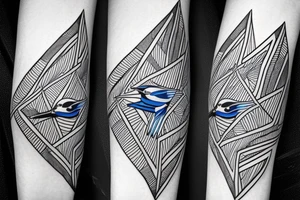 blue jay mixed with geometric figures and lines for forearm tattoo idea