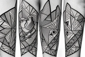 blue jay mixed with geometric figures and lines for forearm tattoo idea