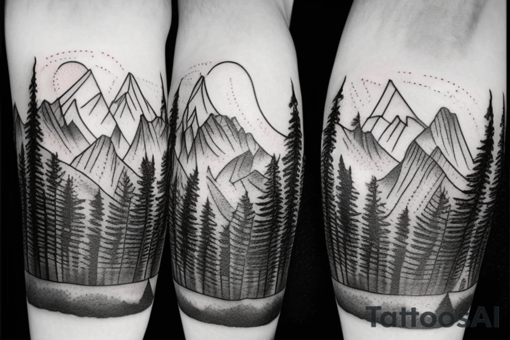 Forest with mountains behind it tattoo idea