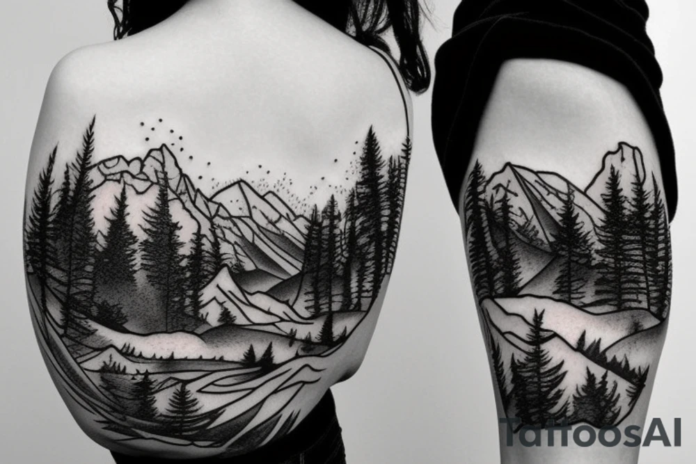 Forest with mountains behind it tattoo idea