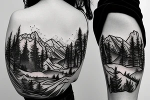 Forest with mountains behind it tattoo idea