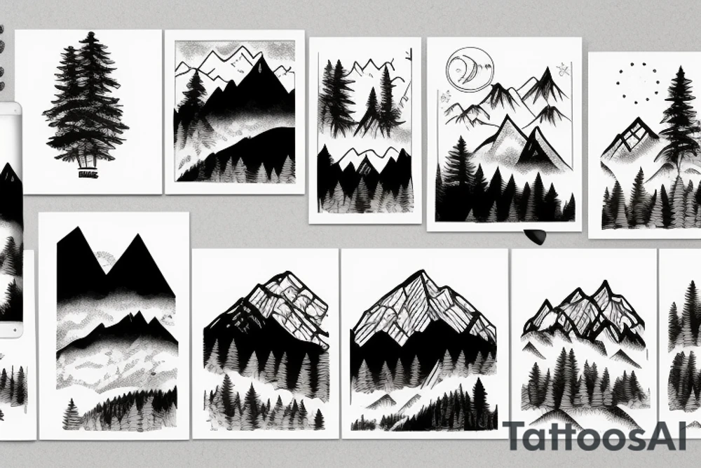 Forest with mountains behind it tattoo idea