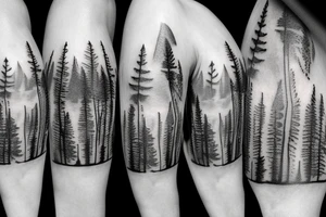 Forest with mountains behind it tattoo idea
