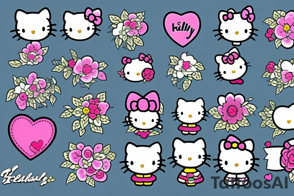 Hello kitty with hearts and flowers tattoo idea