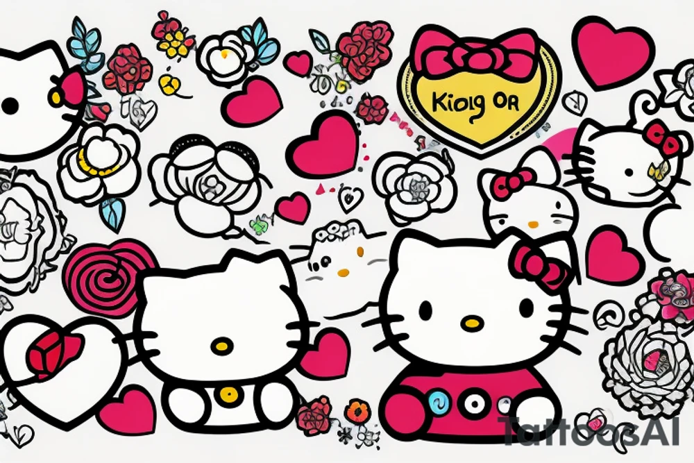 Hello kitty with hearts and flowers tattoo idea