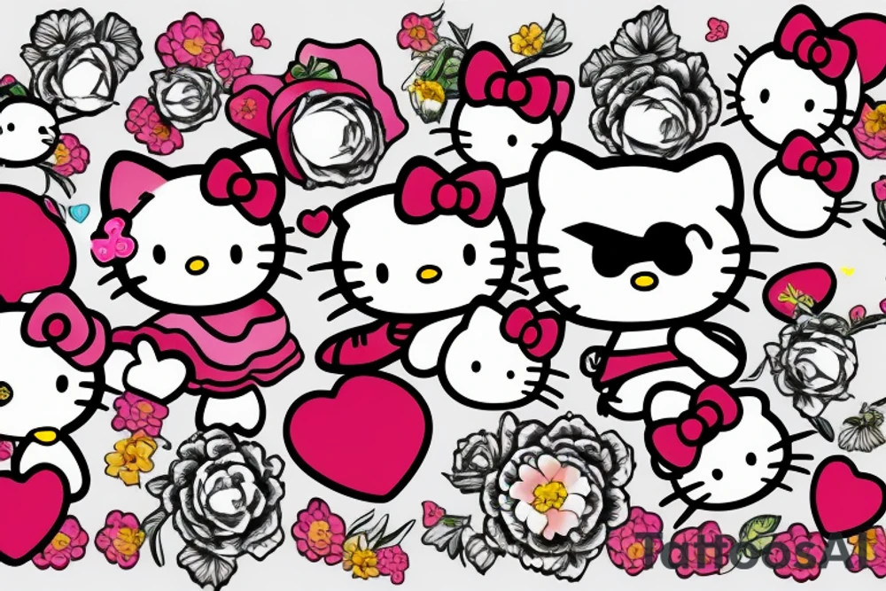Hello kitty with hearts and flowers tattoo idea