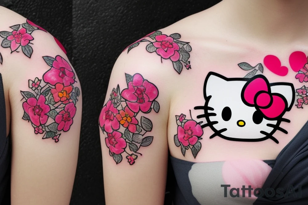 Hello kitty with hearts and flowers tattoo idea