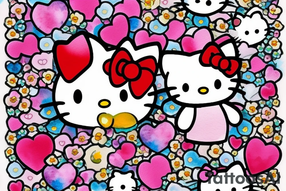 Hello kitty with hearts and flowers tattoo idea
