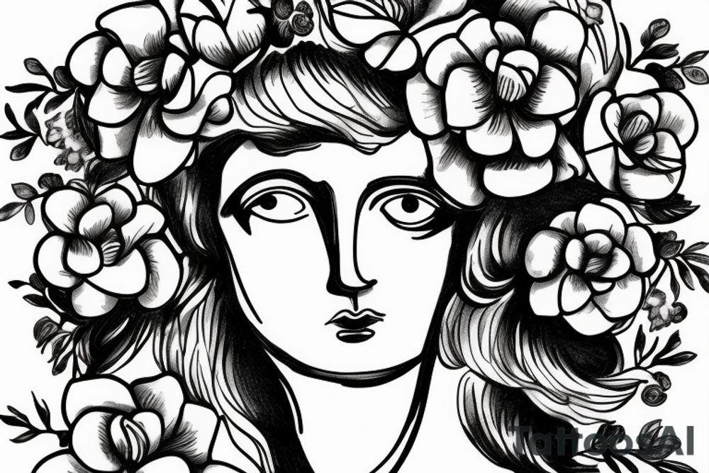 A headshot of a greek statue surrounded by flowers tattoo idea