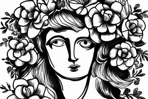 A headshot of a greek statue surrounded by flowers tattoo idea