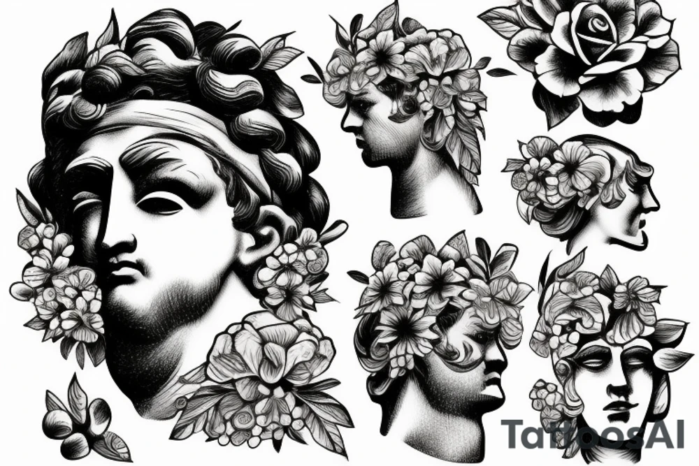 A headshot of a greek statue surrounded by flowers tattoo idea