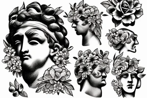 A headshot of a greek statue surrounded by flowers tattoo idea