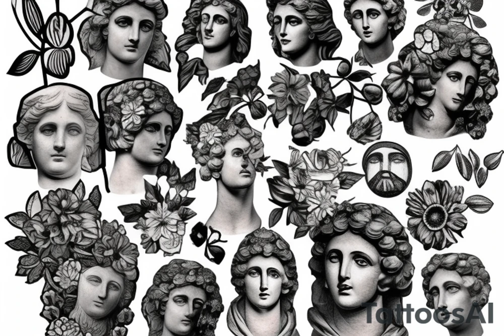 A headshot of a greek statue surrounded by flowers tattoo idea