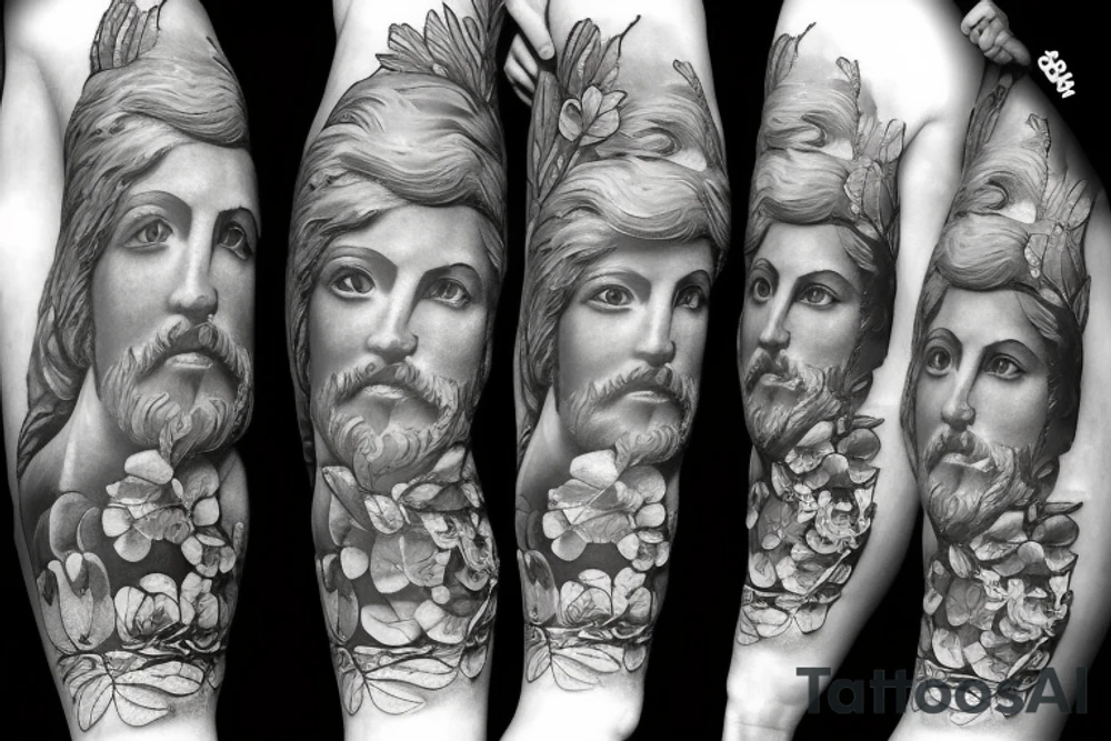 A headshot of a greek statue surrounded by flowers tattoo idea