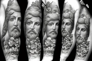 A headshot of a greek statue surrounded by flowers tattoo idea