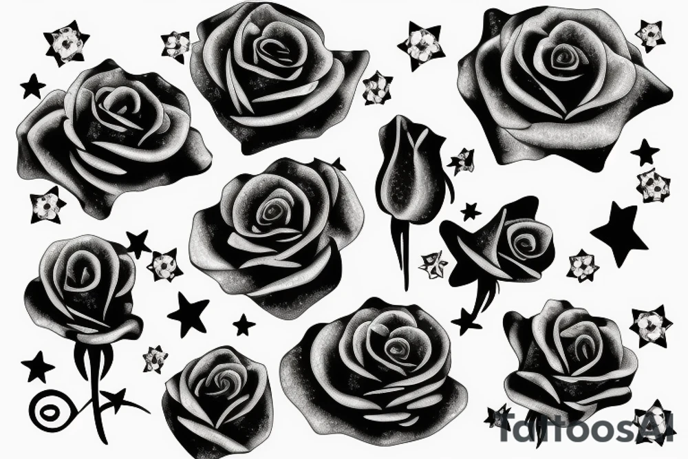 A rose with black petals, in those petals are small sparkling stars tattoo idea