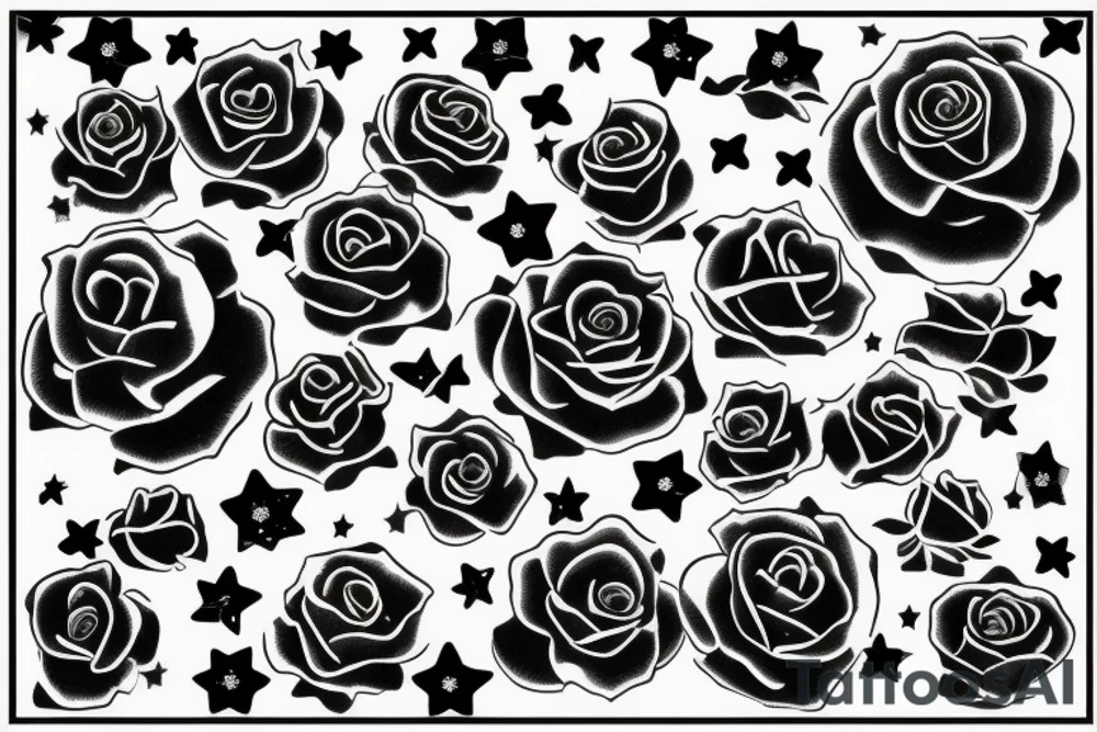 A rose with black petals, in those petals are bright sparkling stars tattoo idea