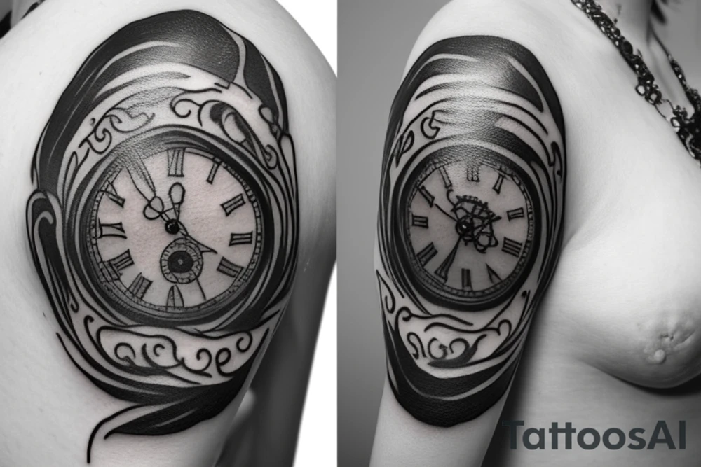 A woman holding a pocketwatch surrounded by crows tattoo idea