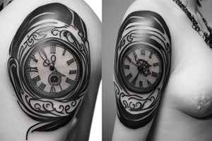 A woman holding a pocketwatch surrounded by crows tattoo idea