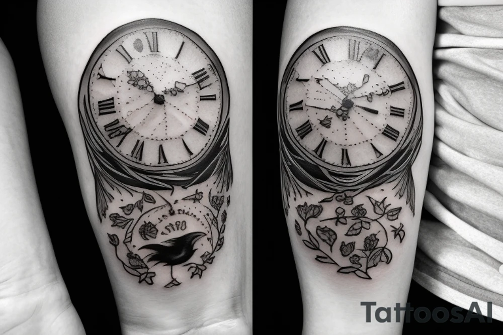 A woman holding a pocketwatch surrounded by crows tattoo idea