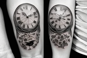 A woman holding a pocketwatch surrounded by crows tattoo idea