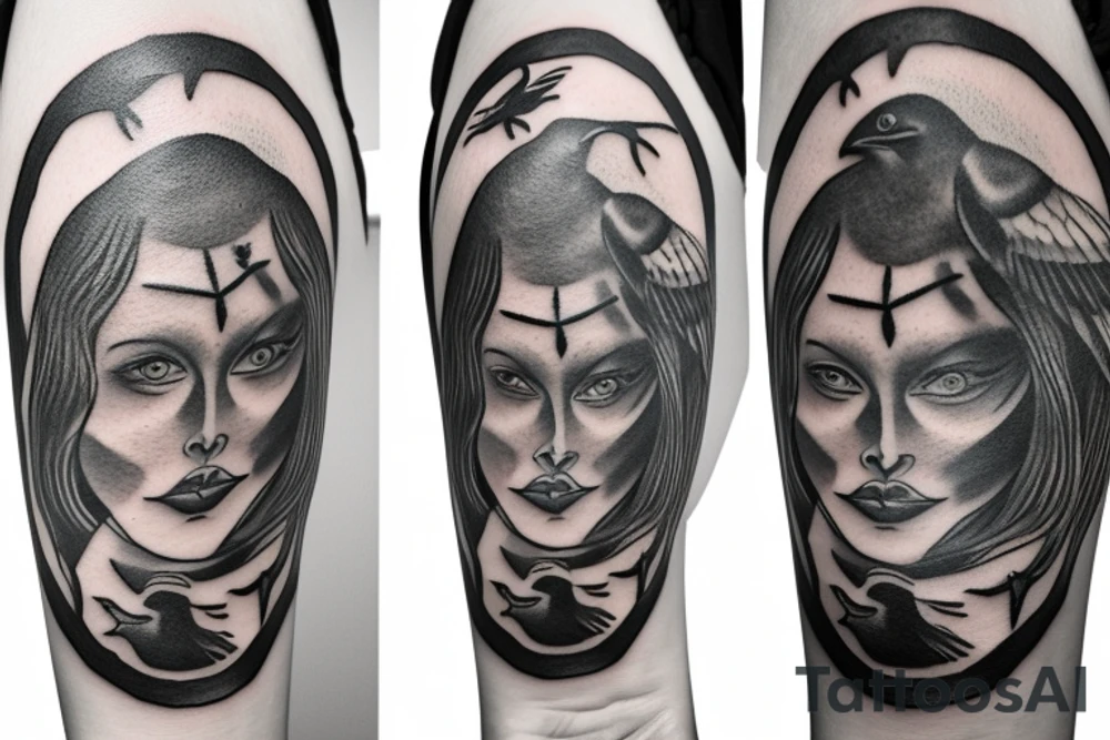 A woman holding a pocketwatch surrounded by crows tattoo idea