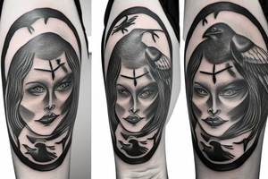 A woman holding a pocketwatch surrounded by crows tattoo idea