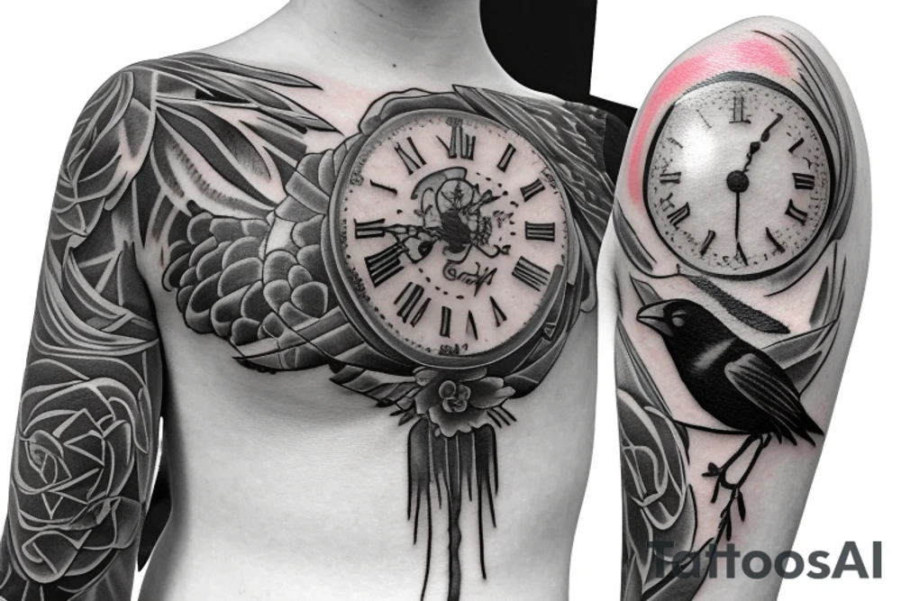 A woman holding a pocketwatch surrounded by crows tattoo idea
